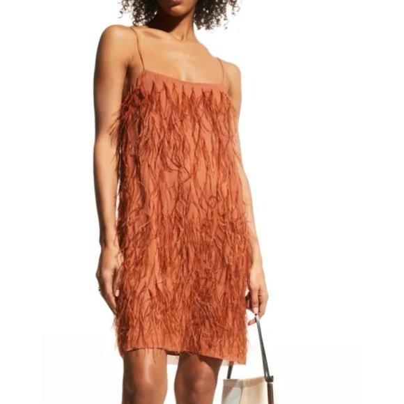 NEW Rebecca Taylor Rust Feather-Trim Silk Slip Dress 6